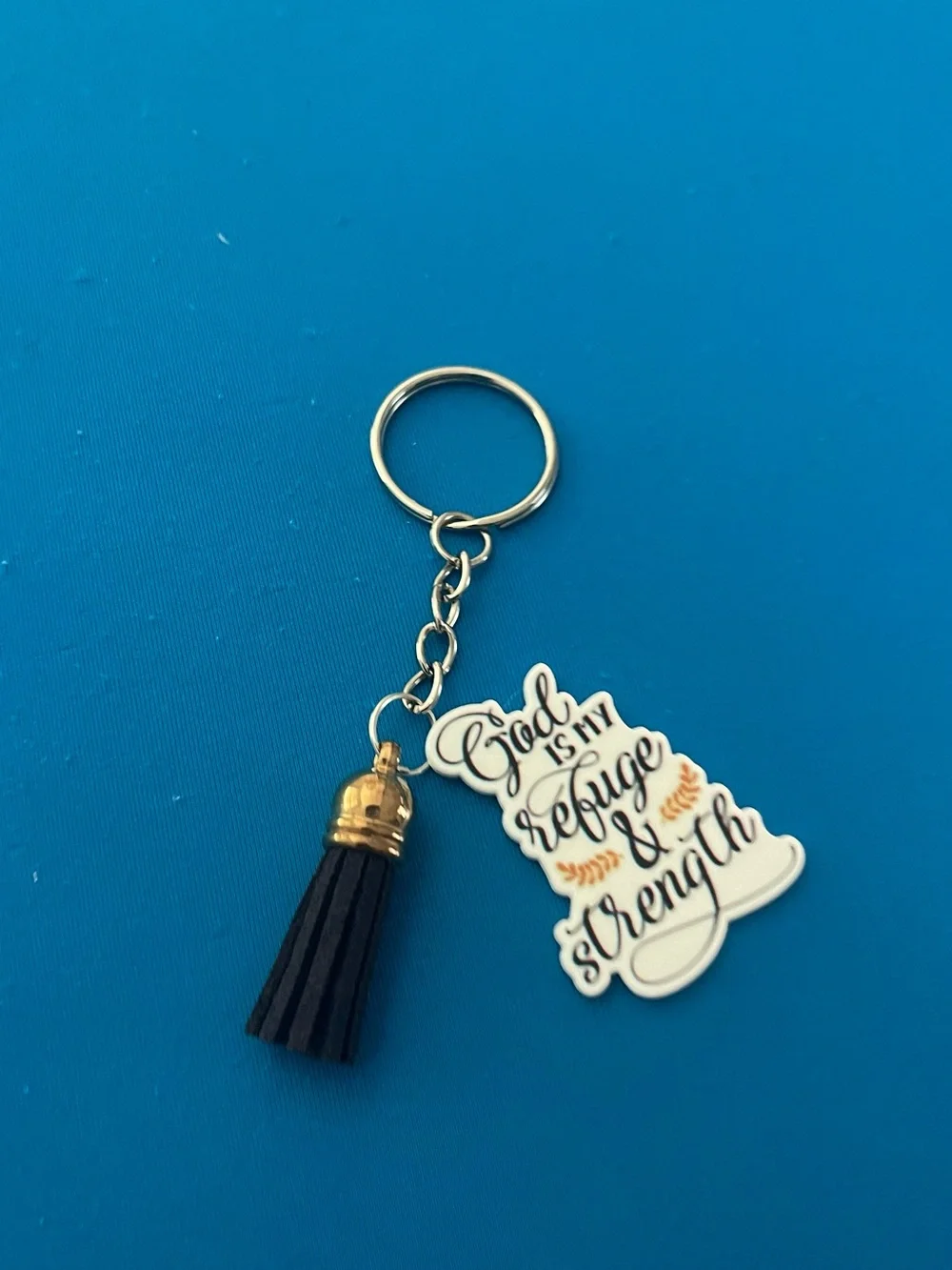 Faith-Inspired 'God is My Refuge & Strength' White Keychain with Black Tassel